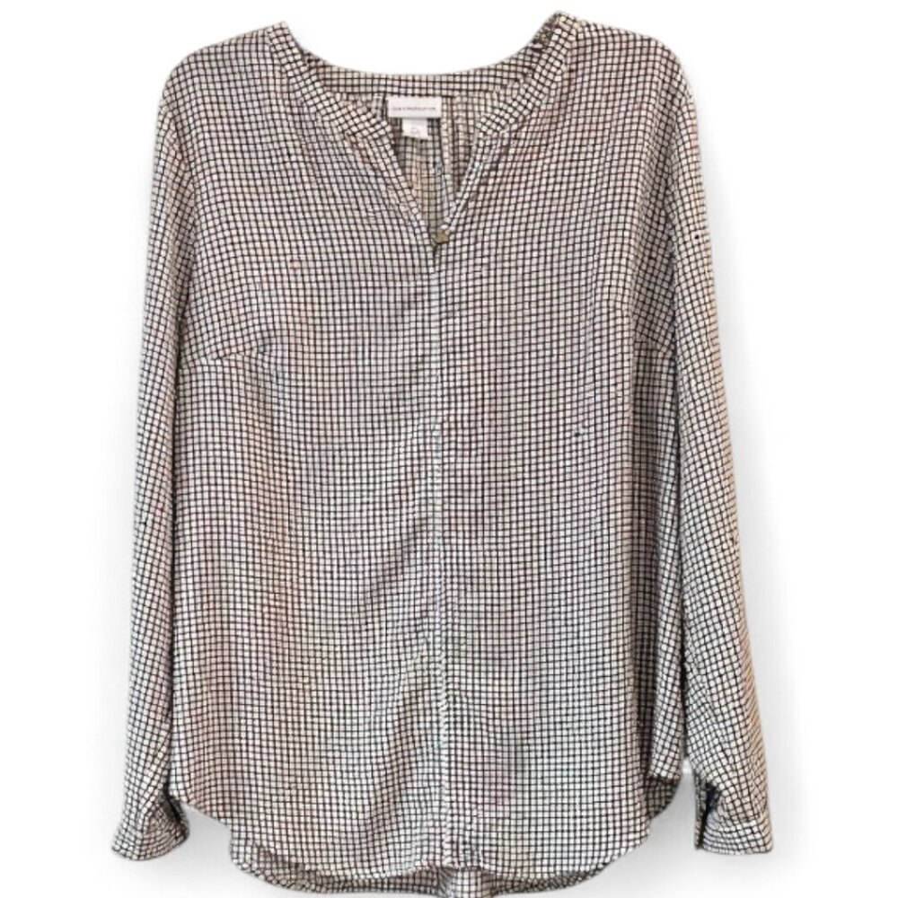 Liz Claiborne Brown Black Ivory Grid Check Long Sleeve Blouse Size XL